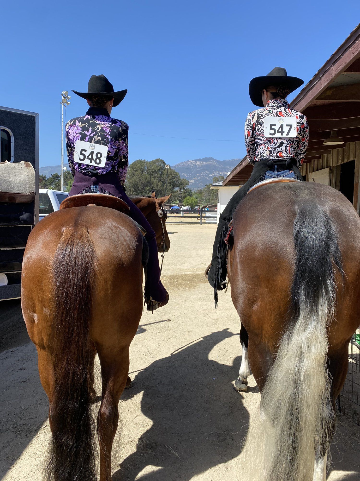 Two riders in matching show shirts side by side on their horses at a show
