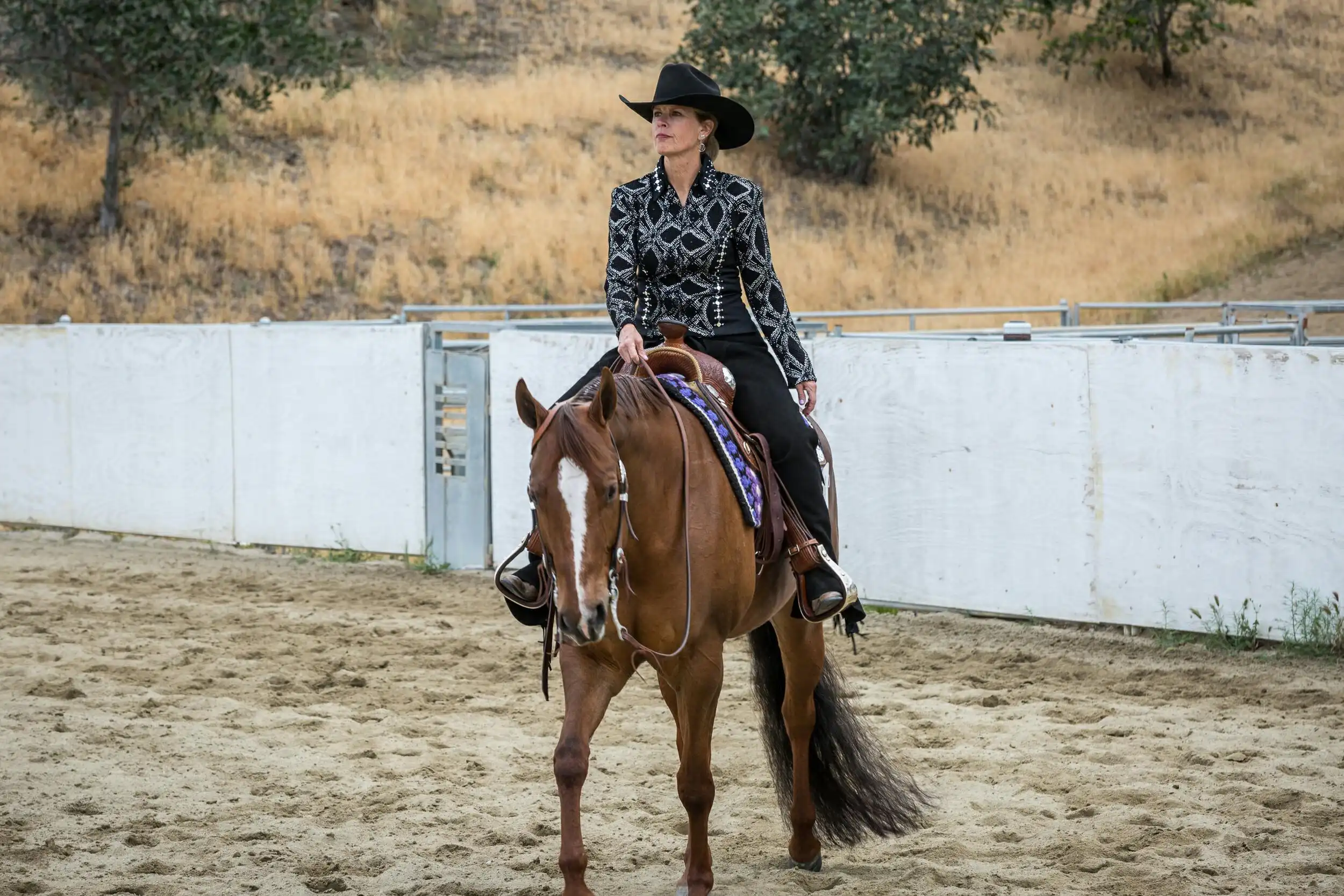 Western rider on buckskin horse in training arena